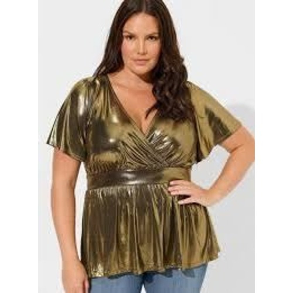 Torrid Peplum Top Women‎ 2X Gold Metallic V-Neck Flutter Sleeve Glam Holiday